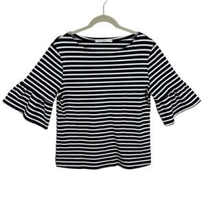 Ellison 100% Cotton Black White Striped Half Ruffled Bell Sleeve‎ Knit Blouse M